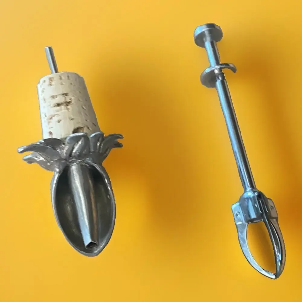Vintage Rosebud Cork Stopper Liquor Bottle Dispenser plus Plunger Olive Grabber